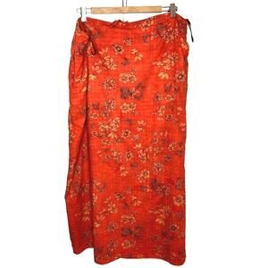 Anthropologie Boho Retro Floral Maxi Orange Cotton Drawstring Casual Skirt,  Lg.